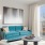 a living room with a blue couch